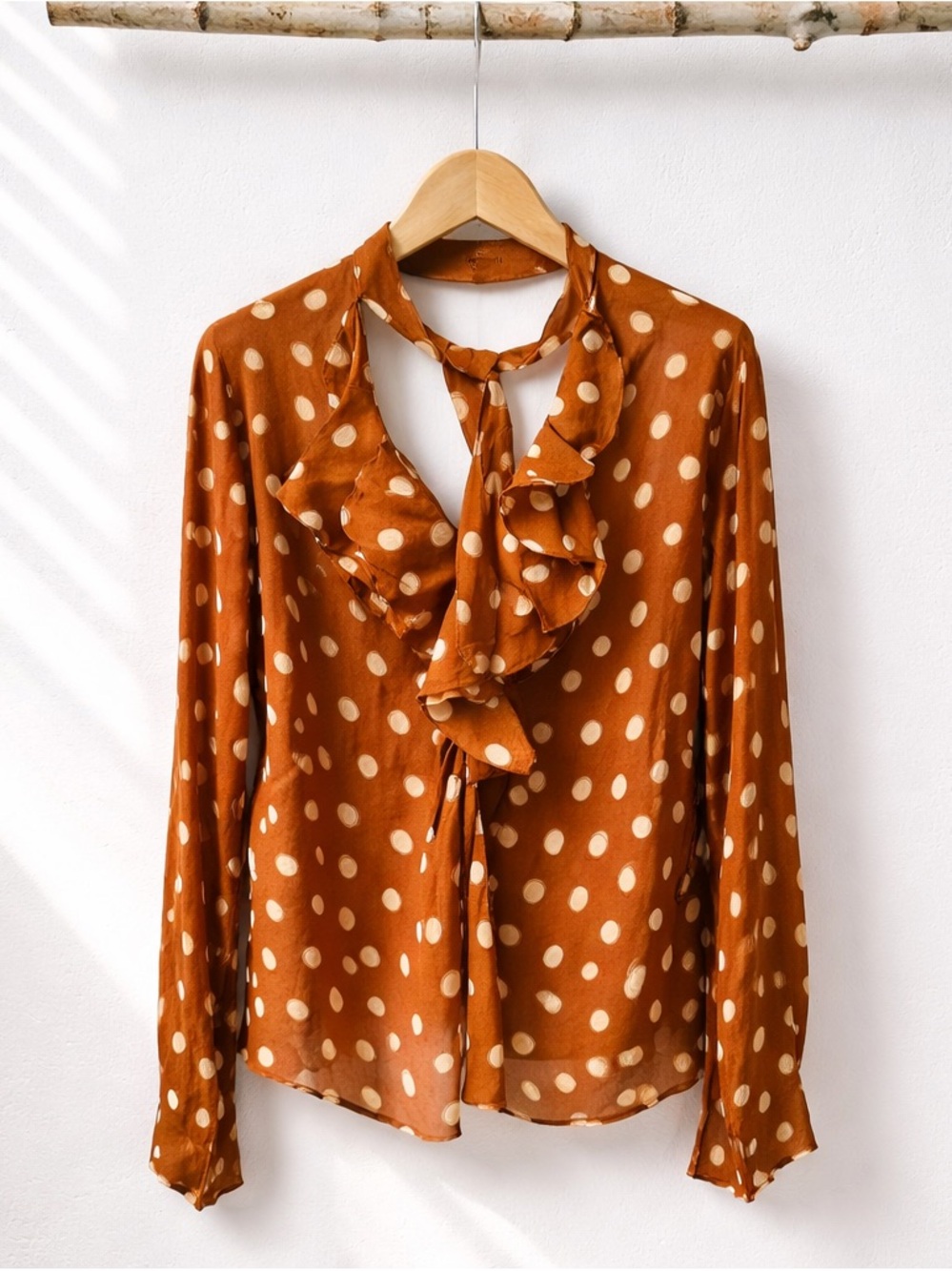John Galliano Rust Polka Dot Ruffle Tie-Neck  Silk Blouse Size 38